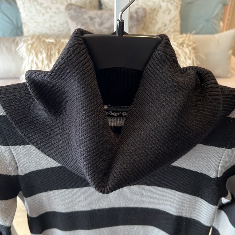 PLANET GOLD Black Gray S Striped Long Sleeve Turtleneck Sweater Dress Y2K Warm - Picture 4 of 12
